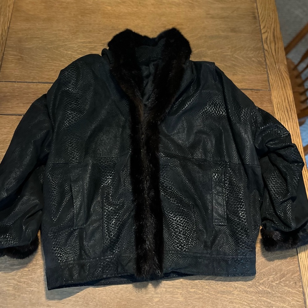 Snakeskin Print Leather Coat with Authentic Black Fox Fur Trim